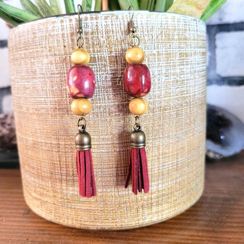 Oversized,  Rustic Red, Wood, Bronze Beaded ,Leather Tassle Earring.